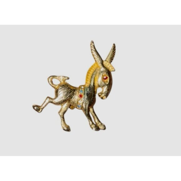 Vtg Donkey Pin Brooch Burro Gold Tone Rhinestone Frisky Whimsical Big Ears - Picture 5 of 7